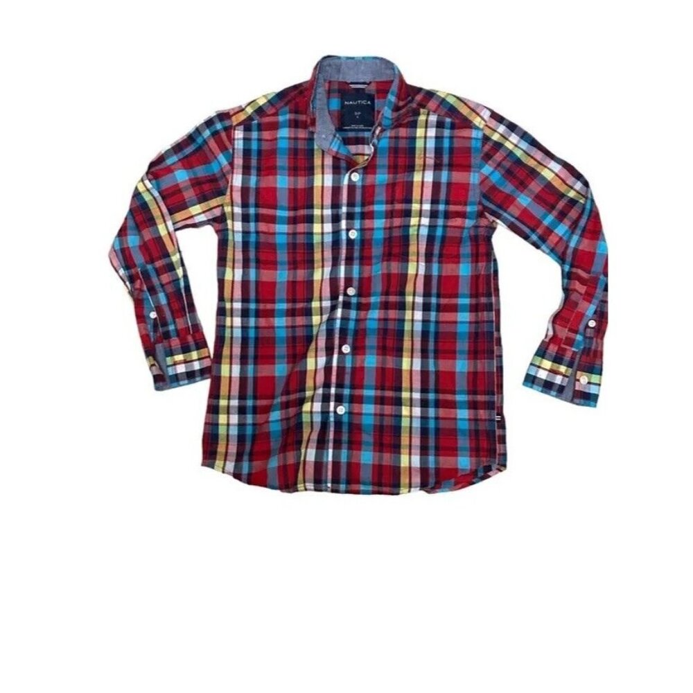 Nautica Boys Shirt Multicolor Size S8 Plaid Button Down Front Pocket Long Sleeve
